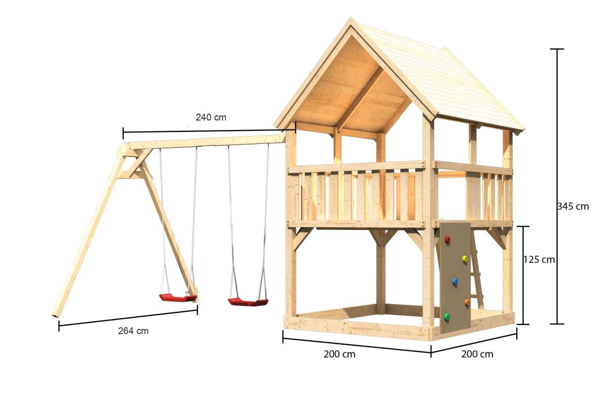 Spielturm Luis natur, SET mit Kletterwand und Doppelschaukel, Karibu