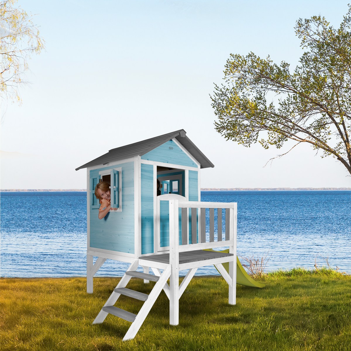 AXI Kinderspielhaus Lodge XL karibikblau mit Rutsche limone