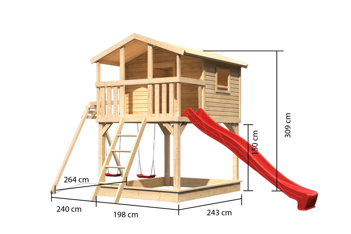 Stelzenhaus Benjamin naturbelassen mit Doppelschaukel und Rutsche rot