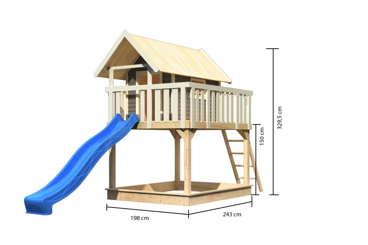 Stelzenhaus FIDEL terragrau, Set mit Rutsche blau, Karibu