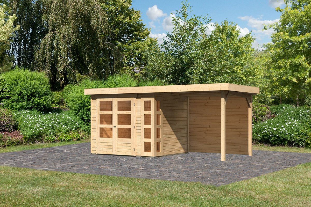 Gartenhaus Kerko 3 - 238 x 213 cm inkl. Anbaudach 2,40 m mit Rückwand, 19 mm Holz naturbelassen