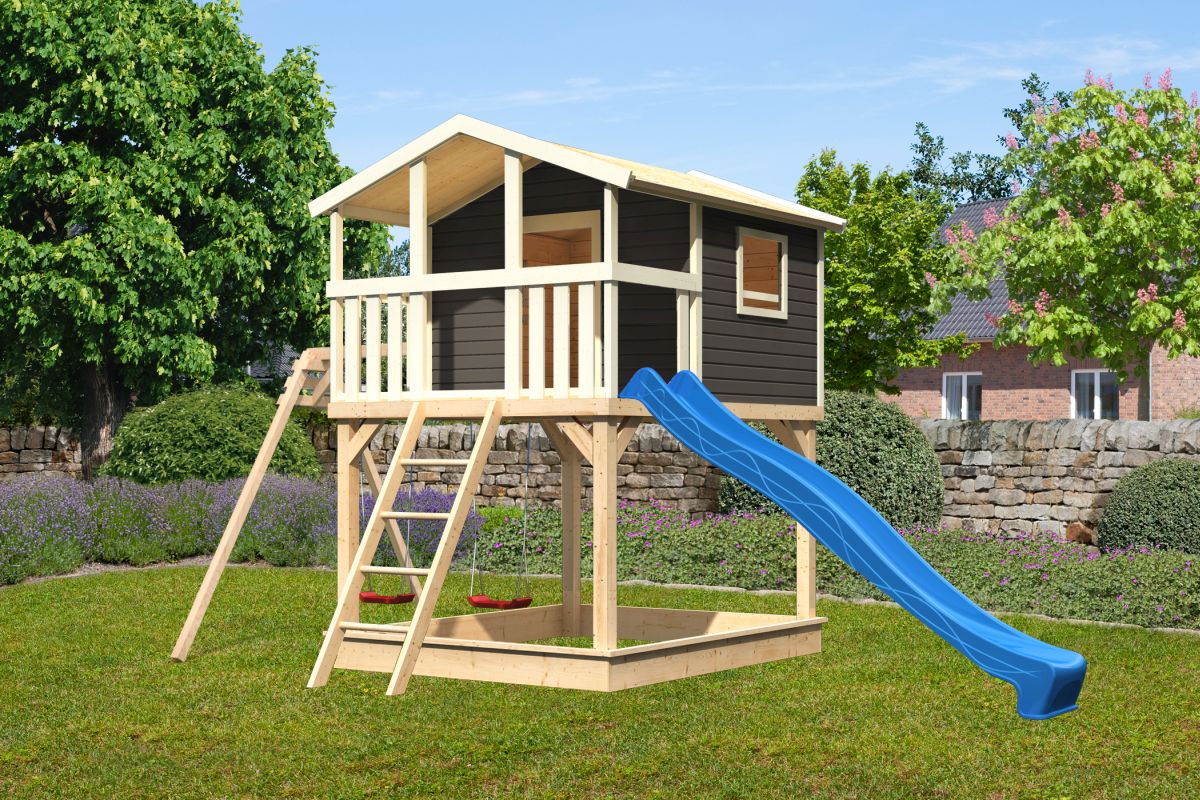 Stelzenhaus Benjamin terragrau mit Doppelschaukel und Rutsche blau