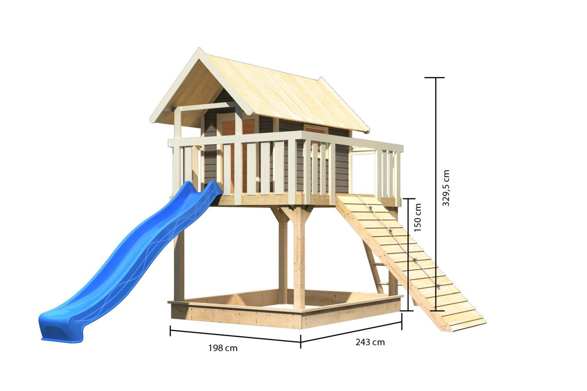 Stelzenhaus FIDEL terragrau, Set mit Holzrampe und Rutsche blau
