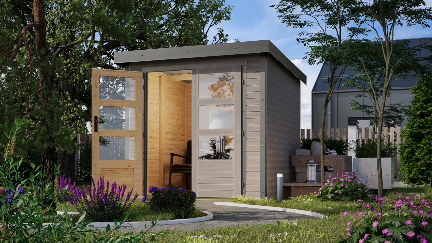 Hybrid-Gartenhaus Jupiter 2B - 209x213 cm, 19mm wassergrau/graualuminium