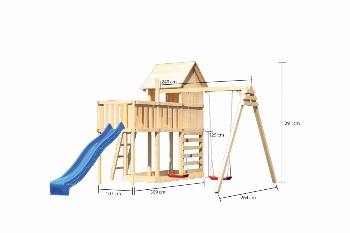 Stelzenhaus Frieda natur, Set mit Plattform, Doppelschaukel, Kletterwand und Rutsche blau