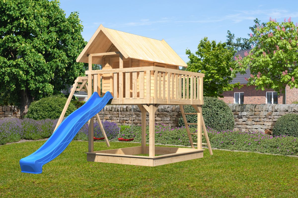 Stelzenhaus FIDEL naturbelassen mit Doppelschaukel und Rutsche blau