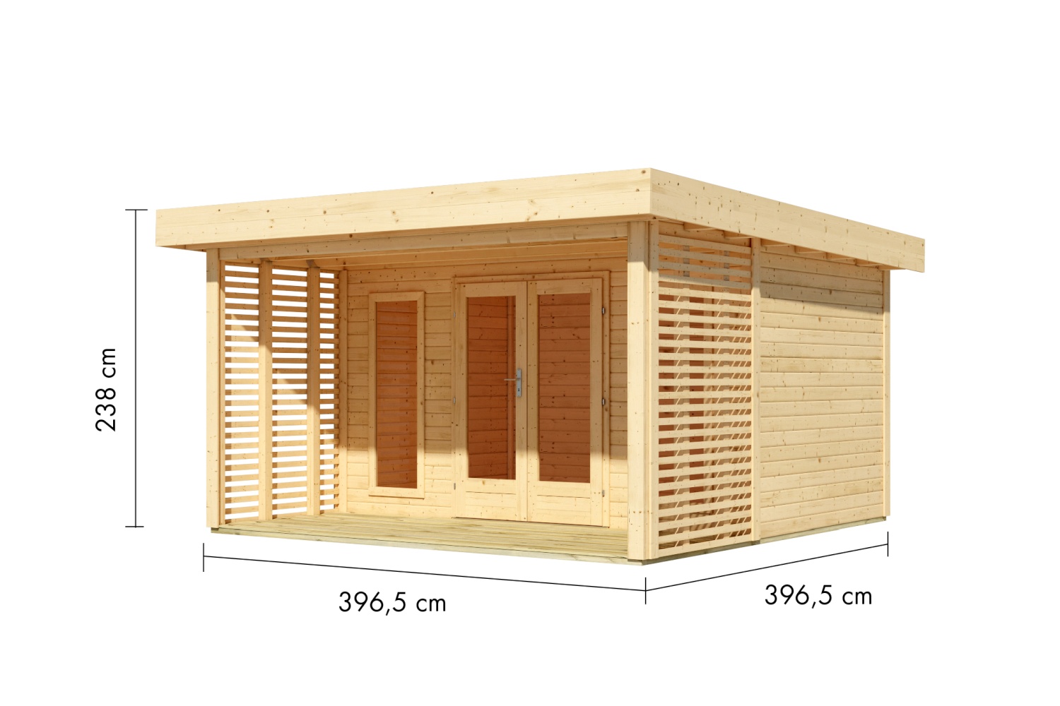 Gartenhaus Lily für Dachbegrünung - 393x393 cm, 38 mm Holz naturbelassen, Karibu