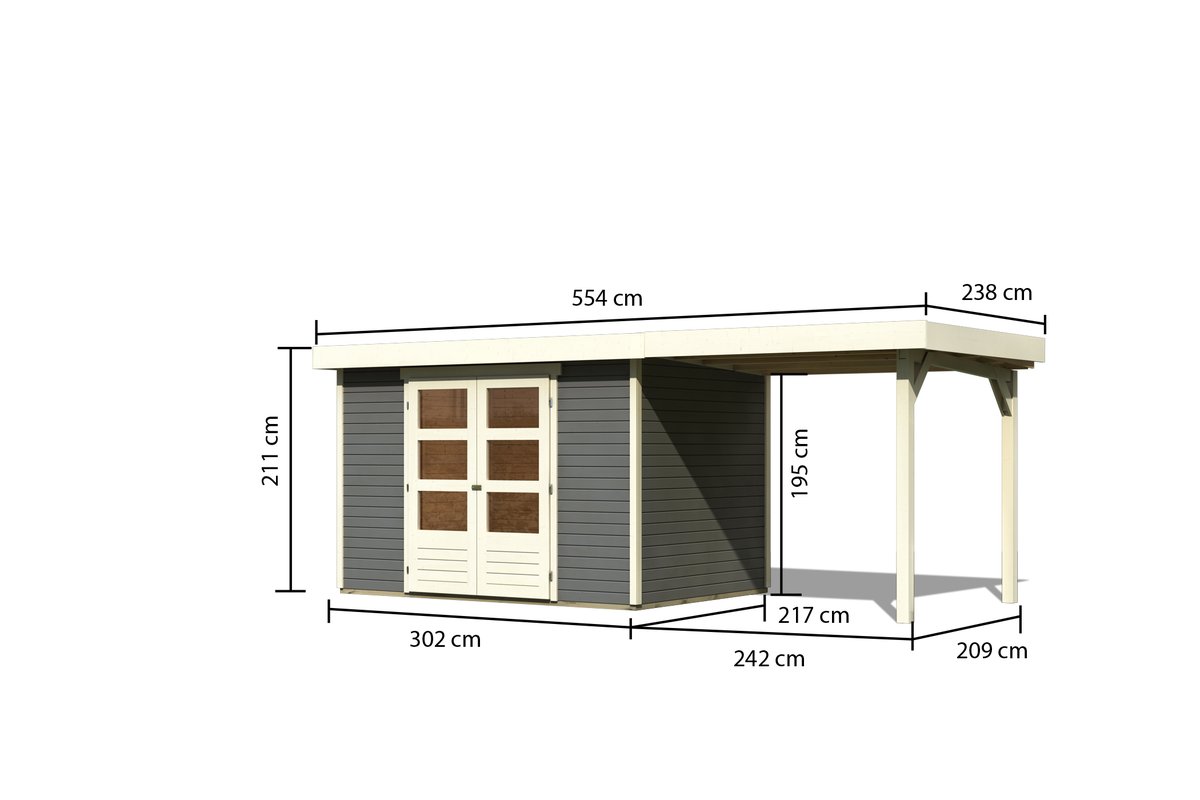 Gartenhaus Askola 4 - 302x217 cm mit Anbaudach 2,40m, 19 mm Holz terragrau, Karibu