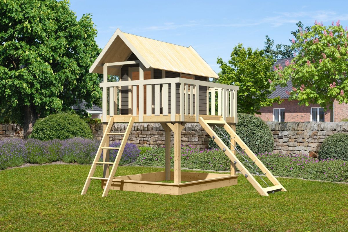 Stelzenhaus FIDEL terragrau, Set mit Netzrampe, Karibu