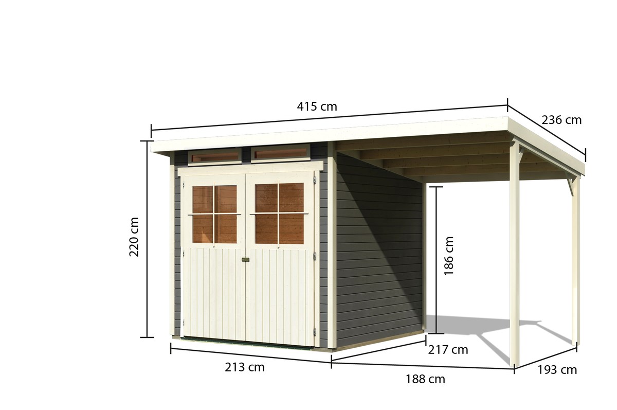 Gartenhaus Glücksburg 3 terragrau - 213x217 cm mit Anbaudach 190 cm, 19 mm Holz, Karibu