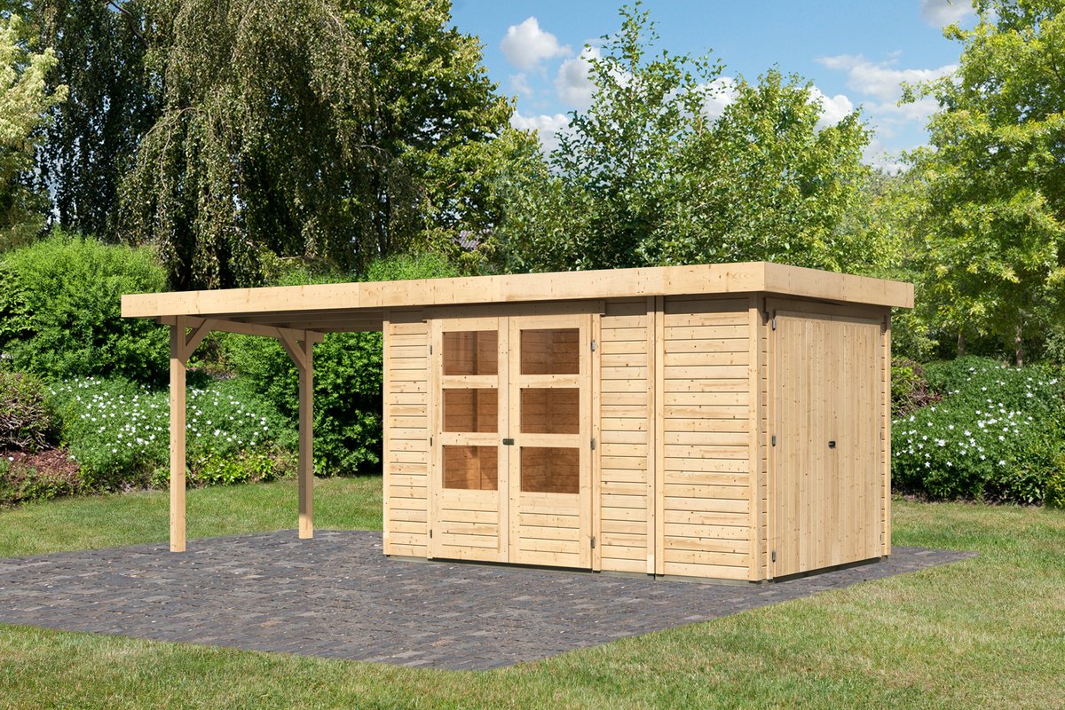 Gartenhaus Retola 3, 319x217 cm mit Anbauschrank und Anbaudach 2,80 m, 19 mm Holz naturbelassen, Karibu