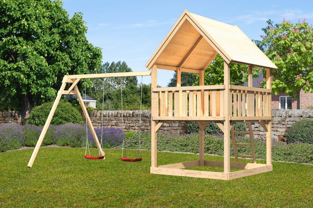 Spielturm Luis naturbelassen, Set mit Anbau-Doppelschaukel, Karibu