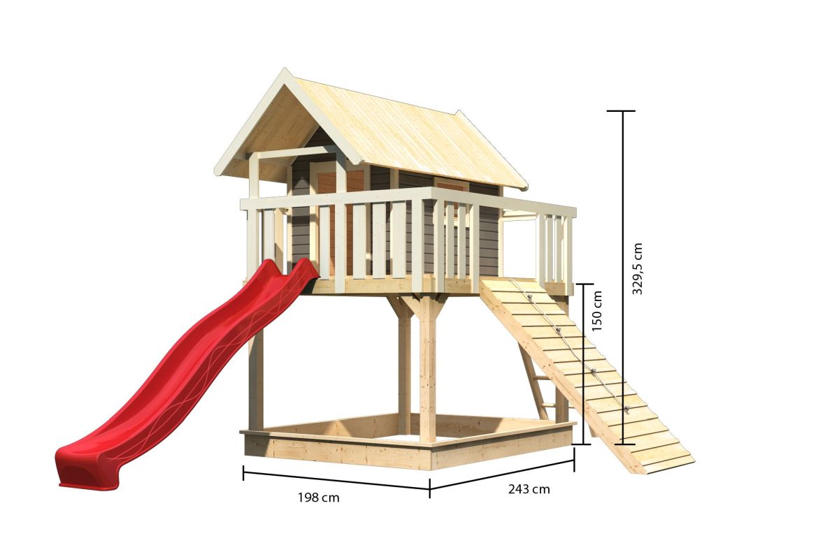 Stelzenhaus FIDEL terragrau, Set mit Holzrampe und Rutsche rot