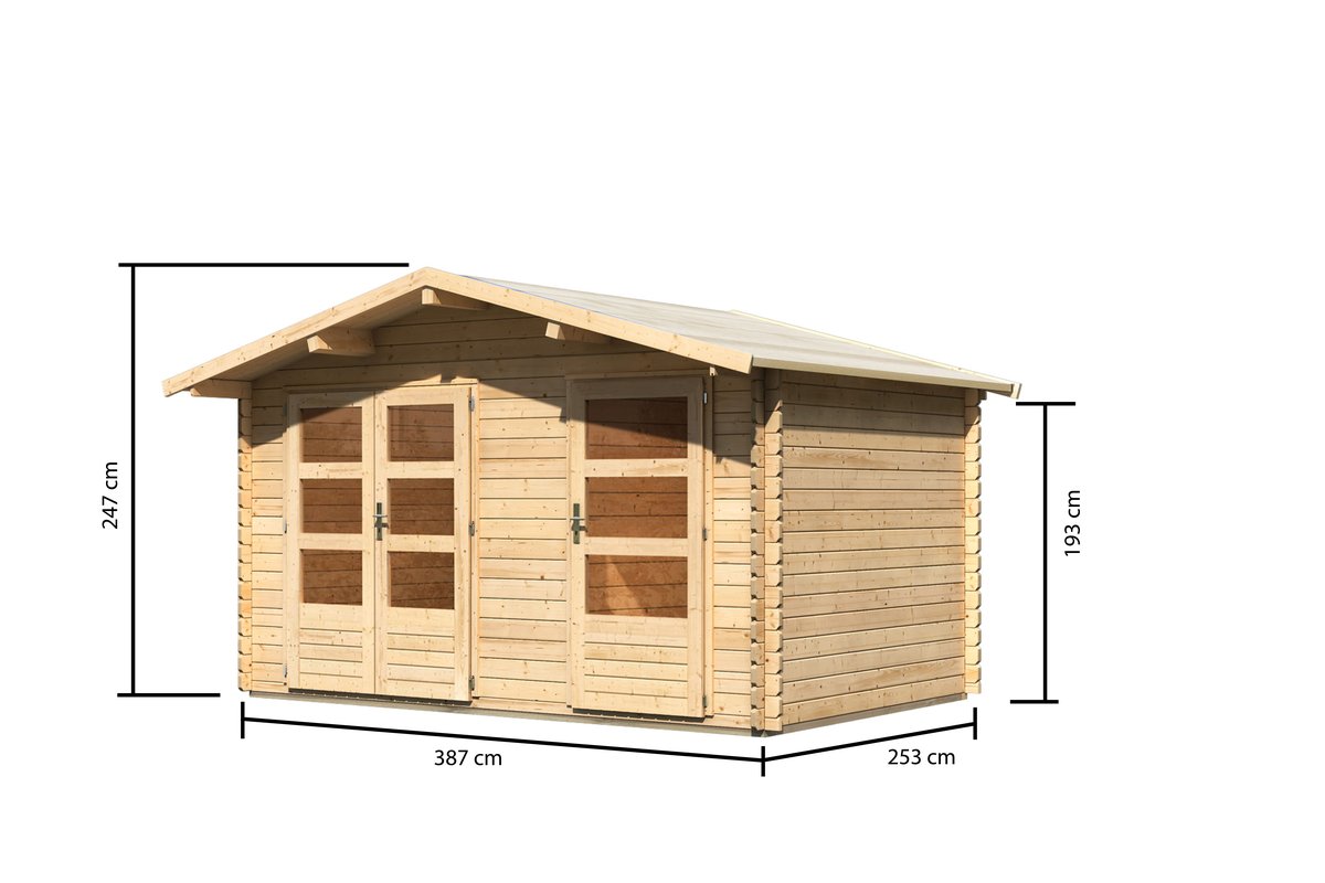 Mittelwandhaus Radur 0 - 387x253 cm, 28 mm Blockbohlen natur, Karibu