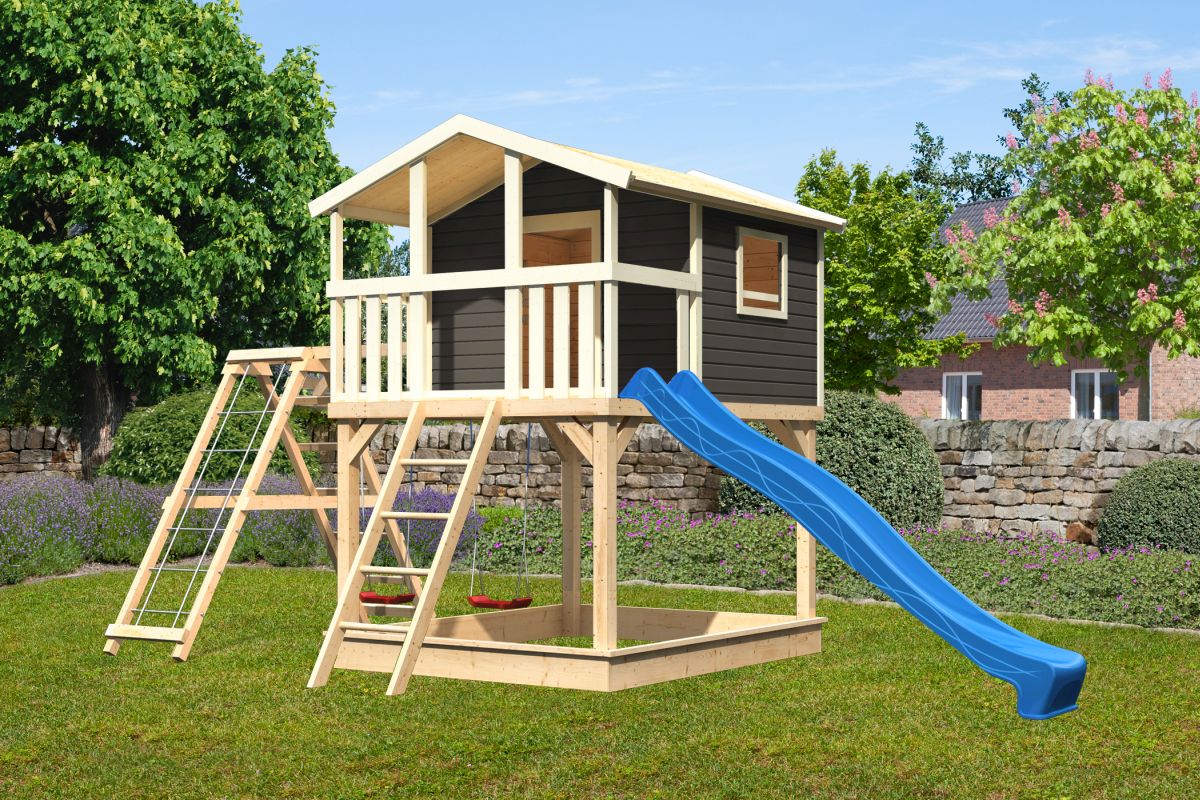 Stelzenhaus Benjamin terragrau mit Kletterschaukel und Rutsche blau