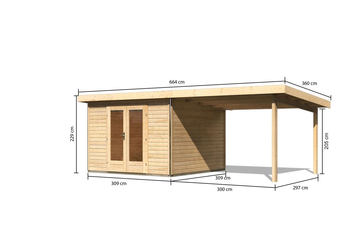 Gartenhaus Radeburg 1 - 309x309 cm plus Anbaudach 3,30m, 40 mm Holz naturbelassen, Karibu