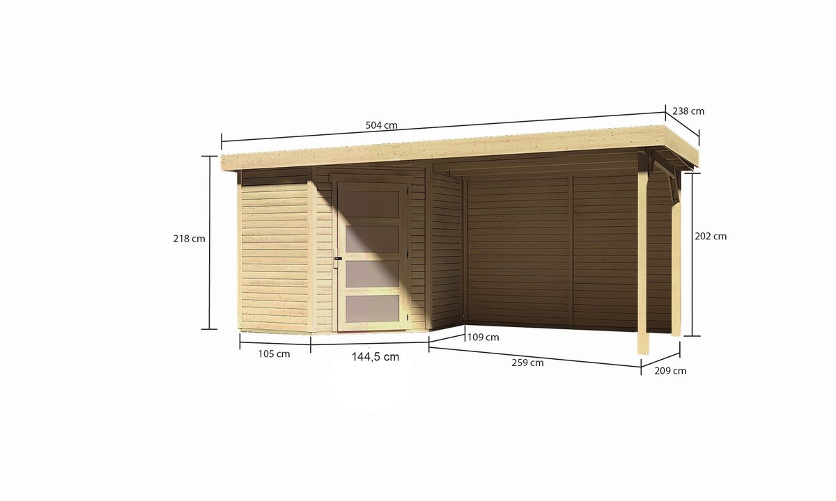 Gartenhaus Schwandorf 3, 213x217 cm, inkl. Anbaudach 2,80m mit Rückwand, 19 mm Holz naturbelassen
