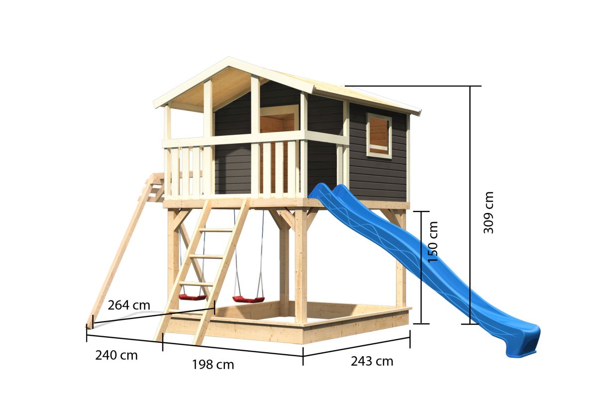 Stelzenhaus Benjamin terragrau mit Doppelschaukel und Rutsche blau