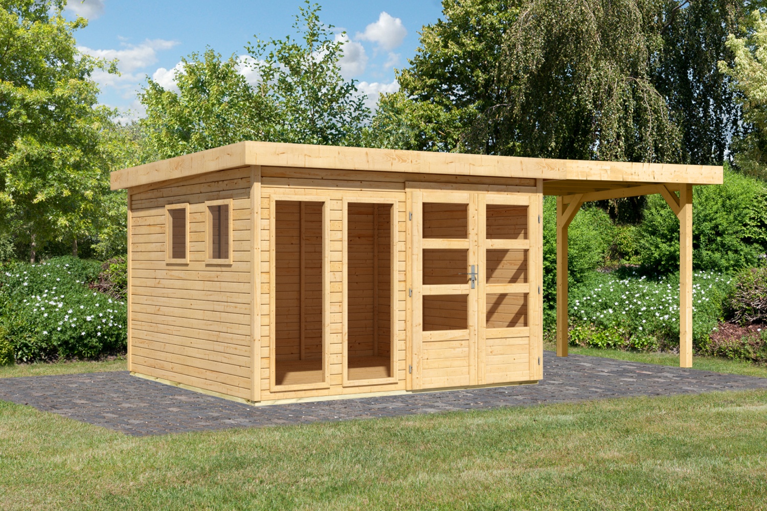 Gartenhaus Lahar 6 - 302x306 cm plus 2,40 m Anbaudach, 19 mm Holz naturbelassen, Karibu