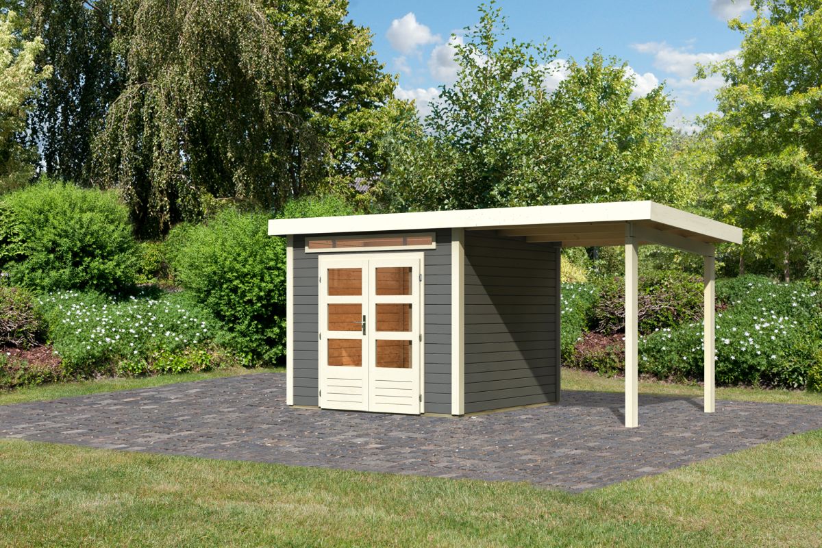 Gartenhaus Kandern 3  - 244x244 cm mit Anbaudach 2,35 m, 28 mm Holz terragrau, Karibu