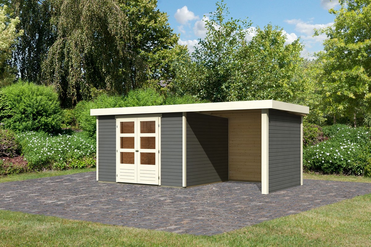 Gartenhaus Askola 5, 302 x 246 cm plus Anbaudach 2,40 mit Wänden, 19 mm Holz terragrau, Karibu