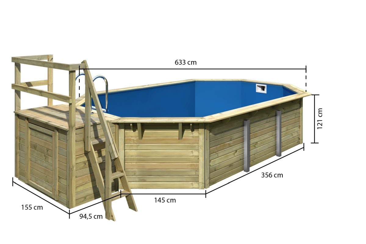 Achteck-Pool X4 400x611 cm Holz kdi mit Terasse, Set mit Filter+Skimmer