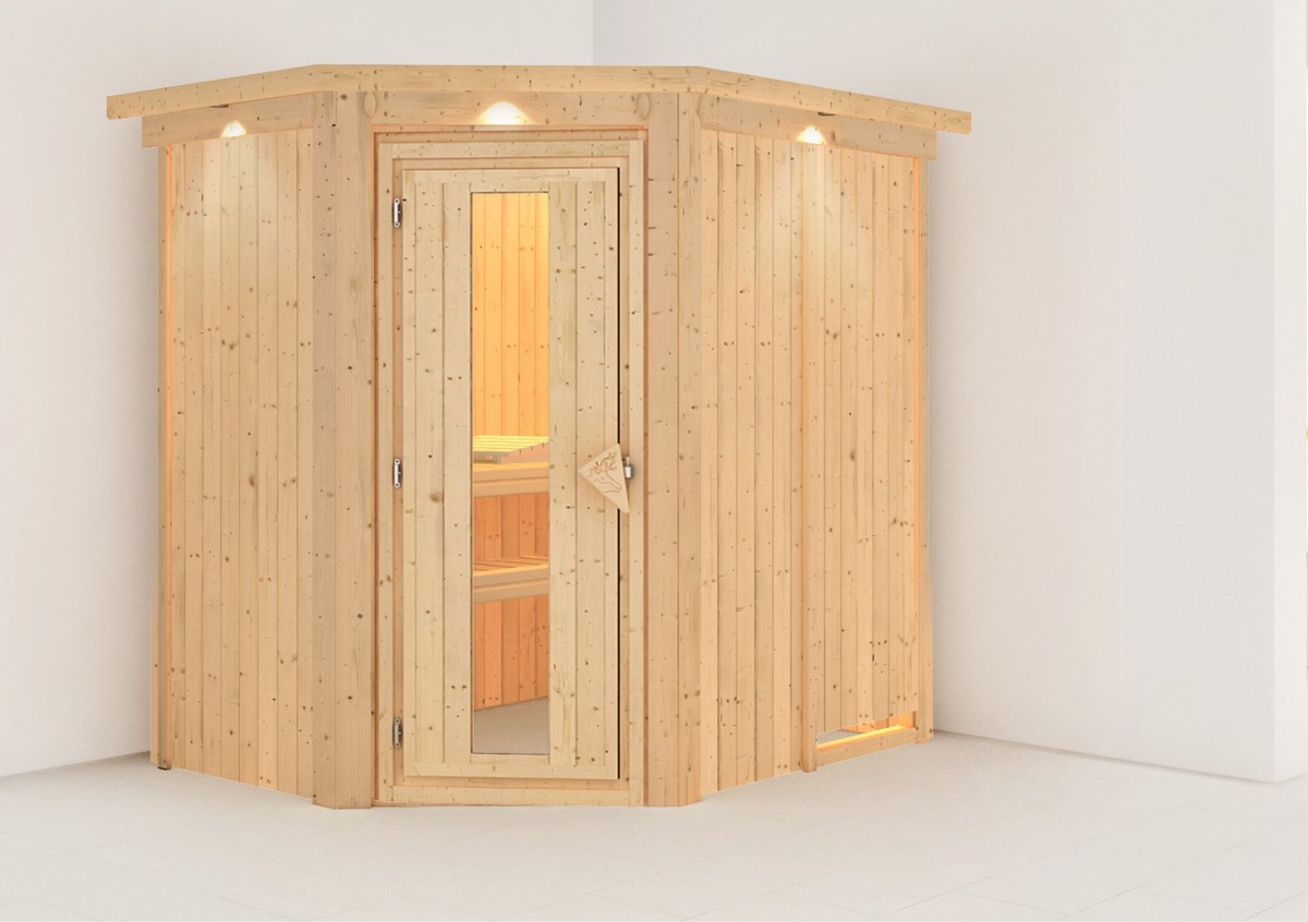 Karibu Energiespar-Sauna Caspin GREEN POWER - 196x151 cm, 68 mm Korpus mit Dachkranz|Energiespartür|ohne Ofen Karibu Energiespar-Sauna Caspin GREEN POWER - 196x151 cm, 68 mm Korpus mit Dachkranz|Energiespartür|ohne Ofen