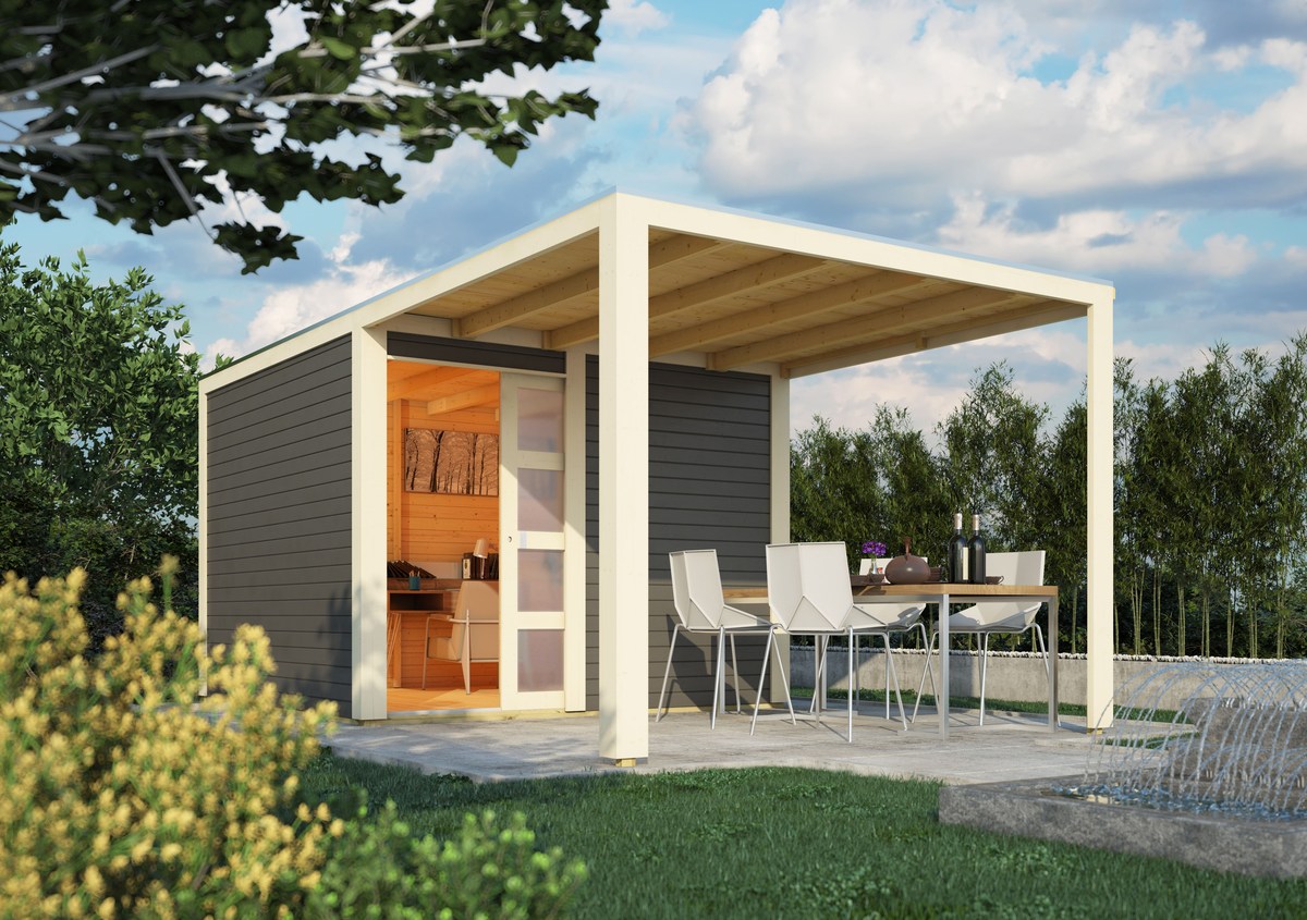Gartenhaus Qubic 2 - 276x276 cm plus Anbaudach 2,40m, 19 mm Holz terragrau, Karibu