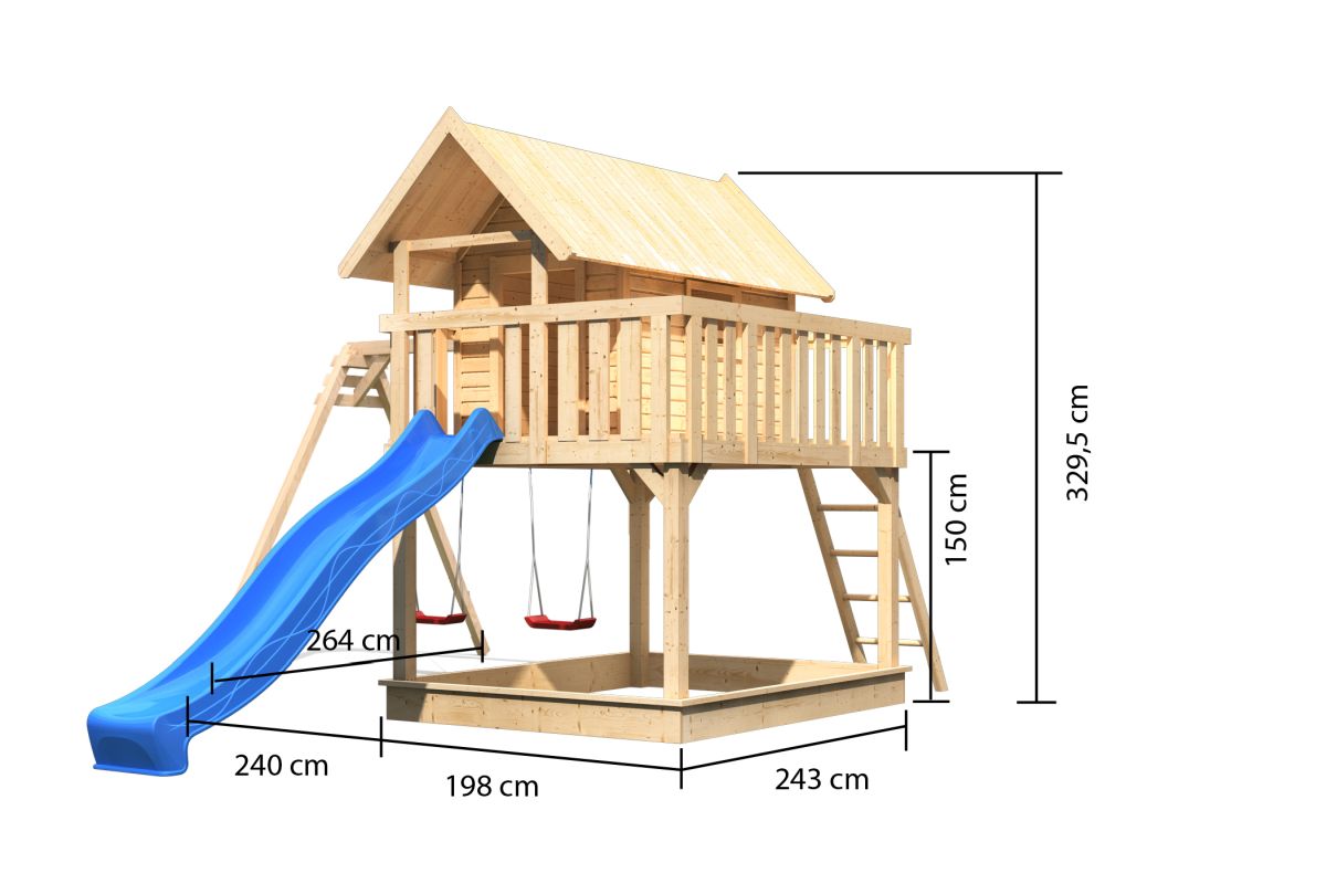 Stelzenhaus FIDEL naturbelassen mit Doppelschaukel und Rutsche blau