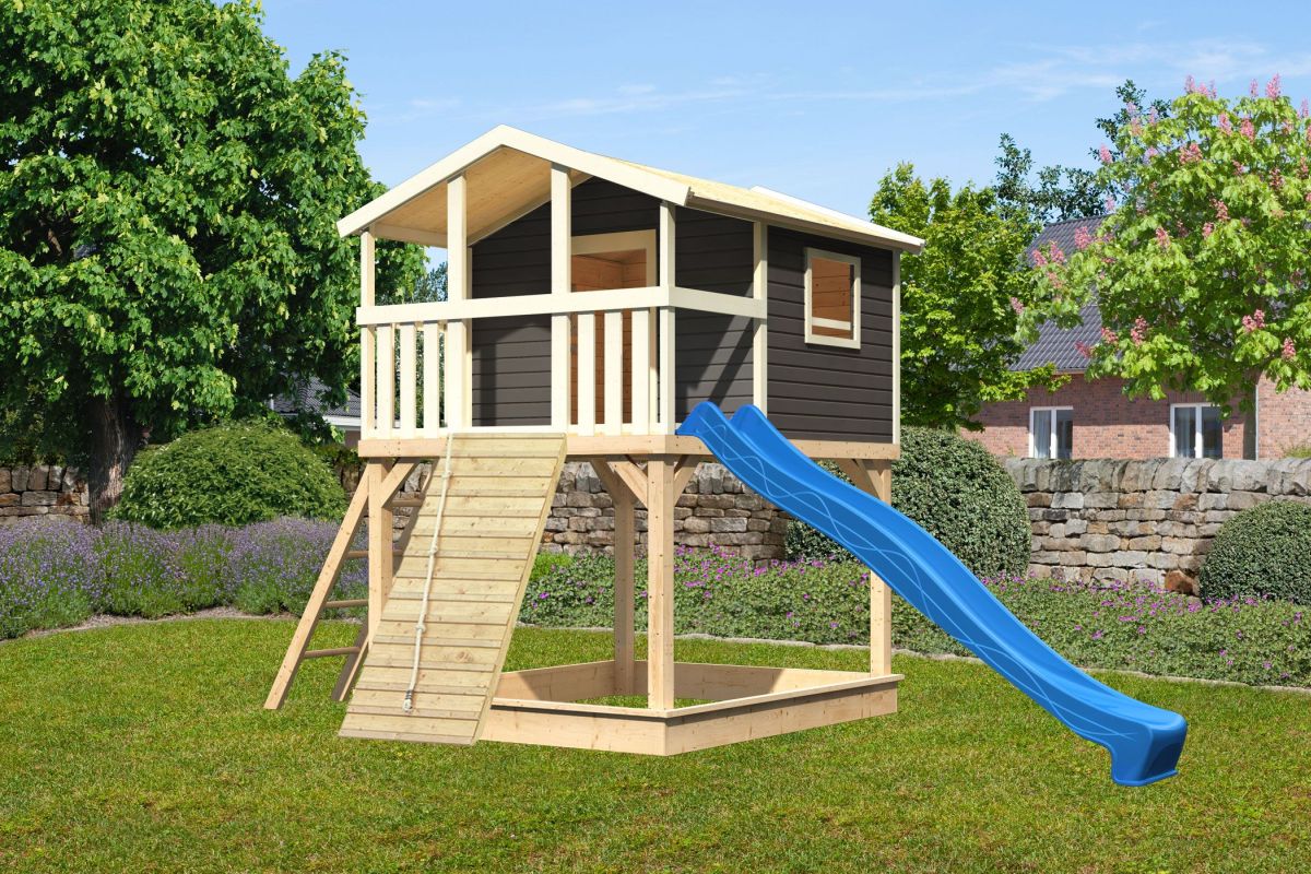 Stelzenhaus Benjamin terragrau mit Rutsche blau und Holzrampe