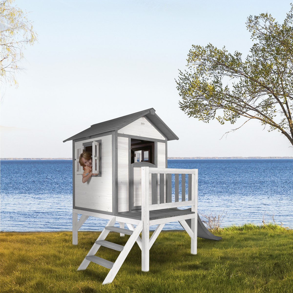 AXI Kinderspielhaus Lodge XL grau/weiß mit Rutsche grau
