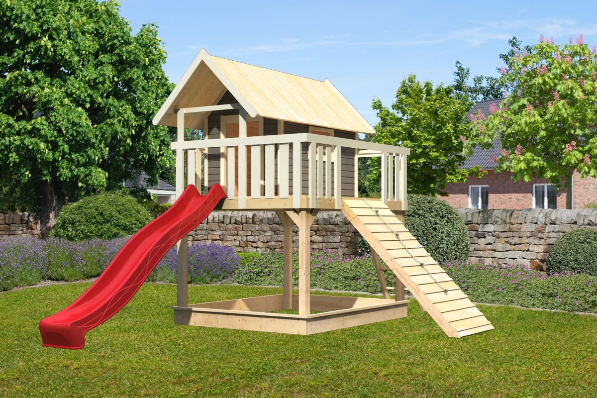 Stelzenhaus FIDEL terragrau, Set mit Holzrampe und Rutsche rot