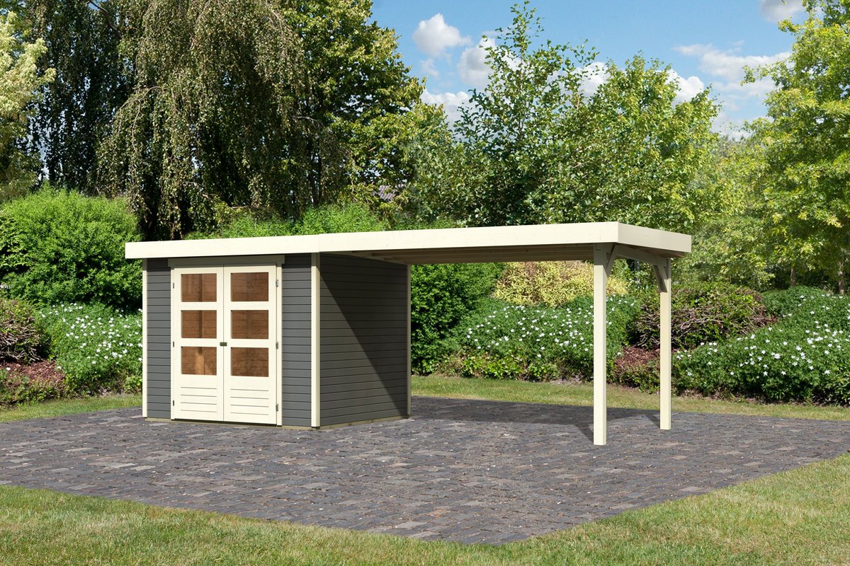 Gartenhaus Askola 3 - 242x217 cm, 19 mm Holz terragrau mit Anbaudach 2,80m, Karibu