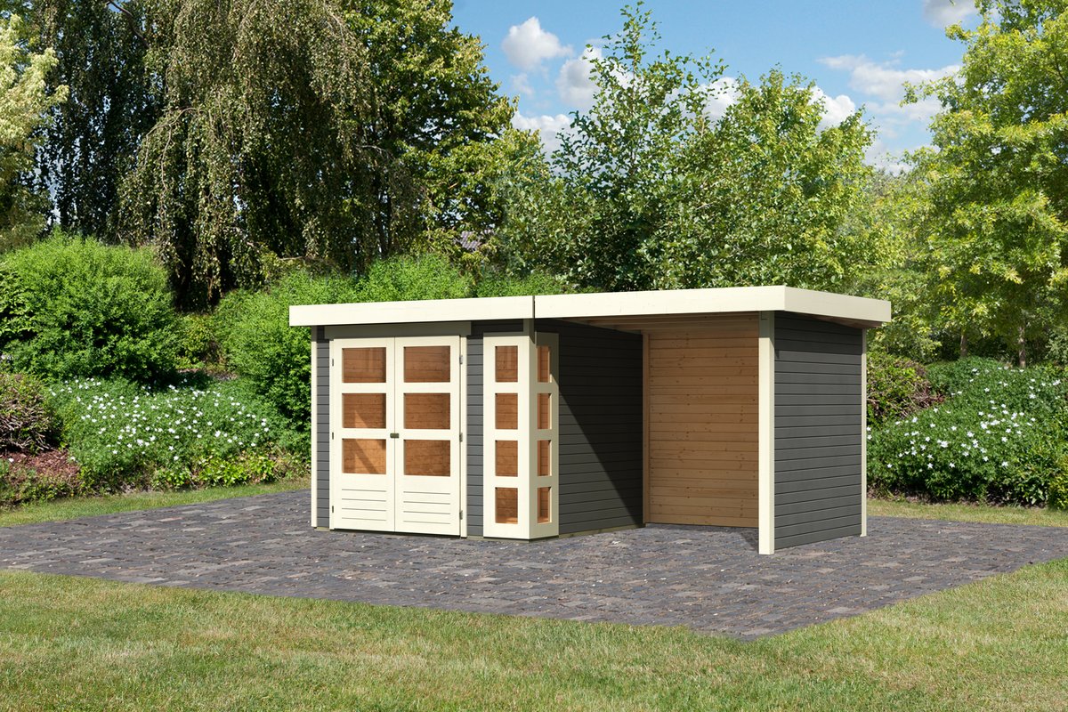 Gartenhaus Kerko 3 - 238 x 213 cm plus Anbaudach 2,40 m mit Wänden, 19 mm Holz terragrau
