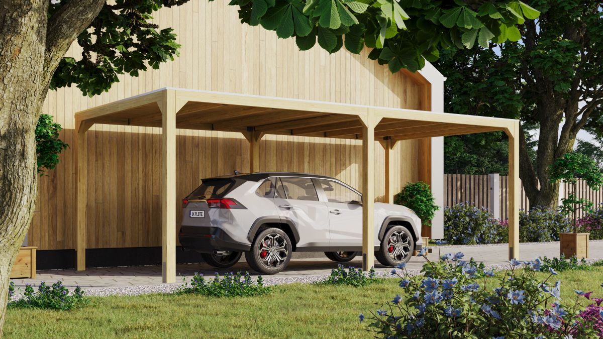 Pavillon Cubus mit 1 Verlängerung - 627x320 cm, Leimholz natur, Karibu