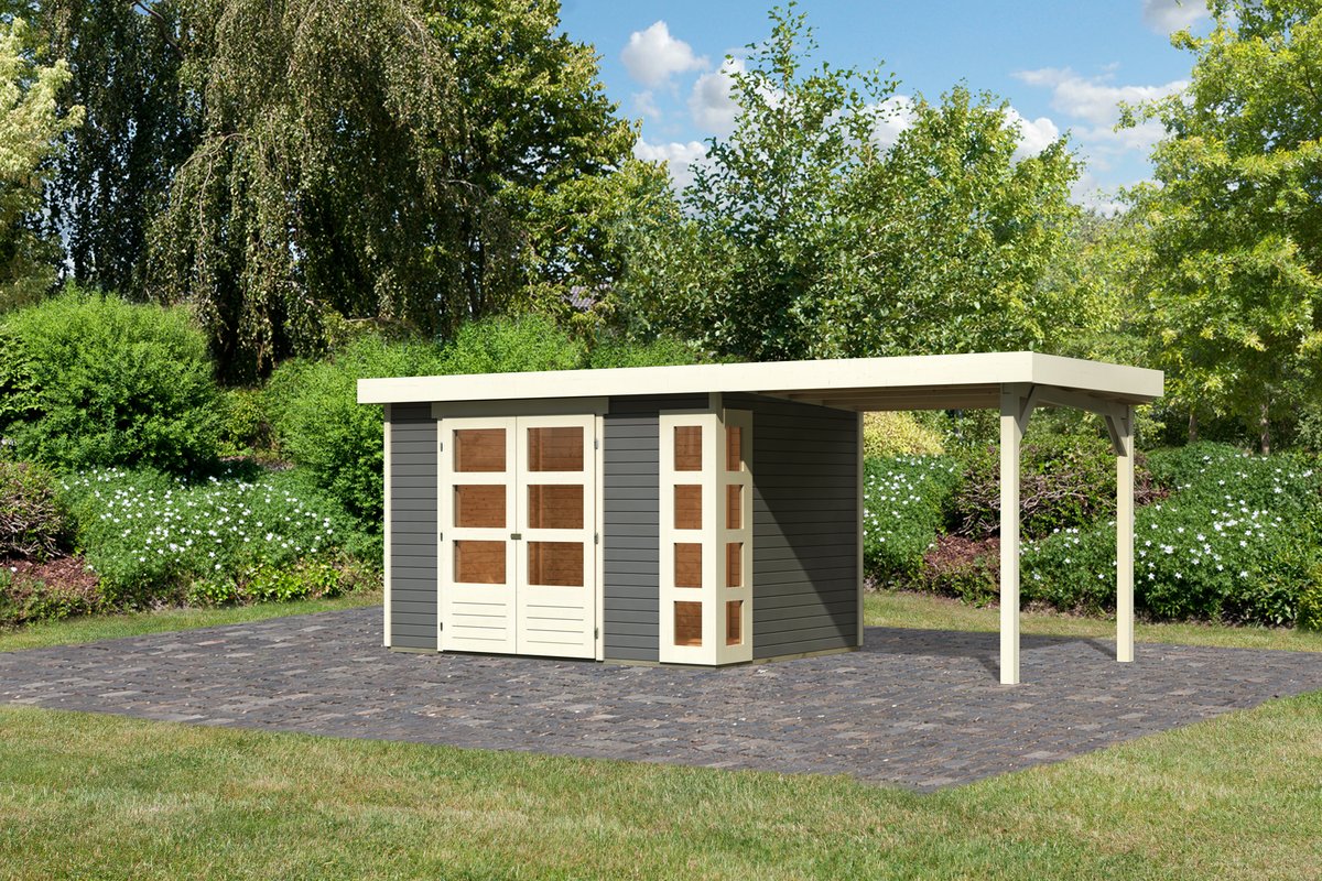 Gartenhaus Kerko 4 - 298 x 213 cm, inkl. Anbaudach 2,40m, 19 mm Holz terragrau, Karibu