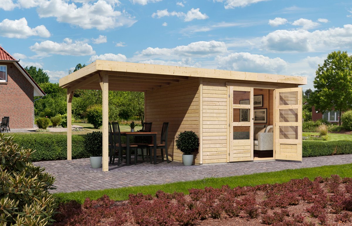 Gartenhaus Askola 6 302x306 cm mit Anbaudach 2.40m, 19 mm Holz