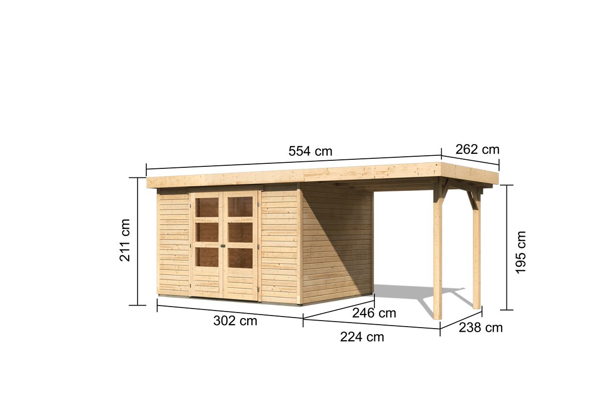 Gartenhaus Askola 5, 302 x 246 cm inkl. Anbaudach 2,40 m, 19 mm Holz naturbelassen, Karibu