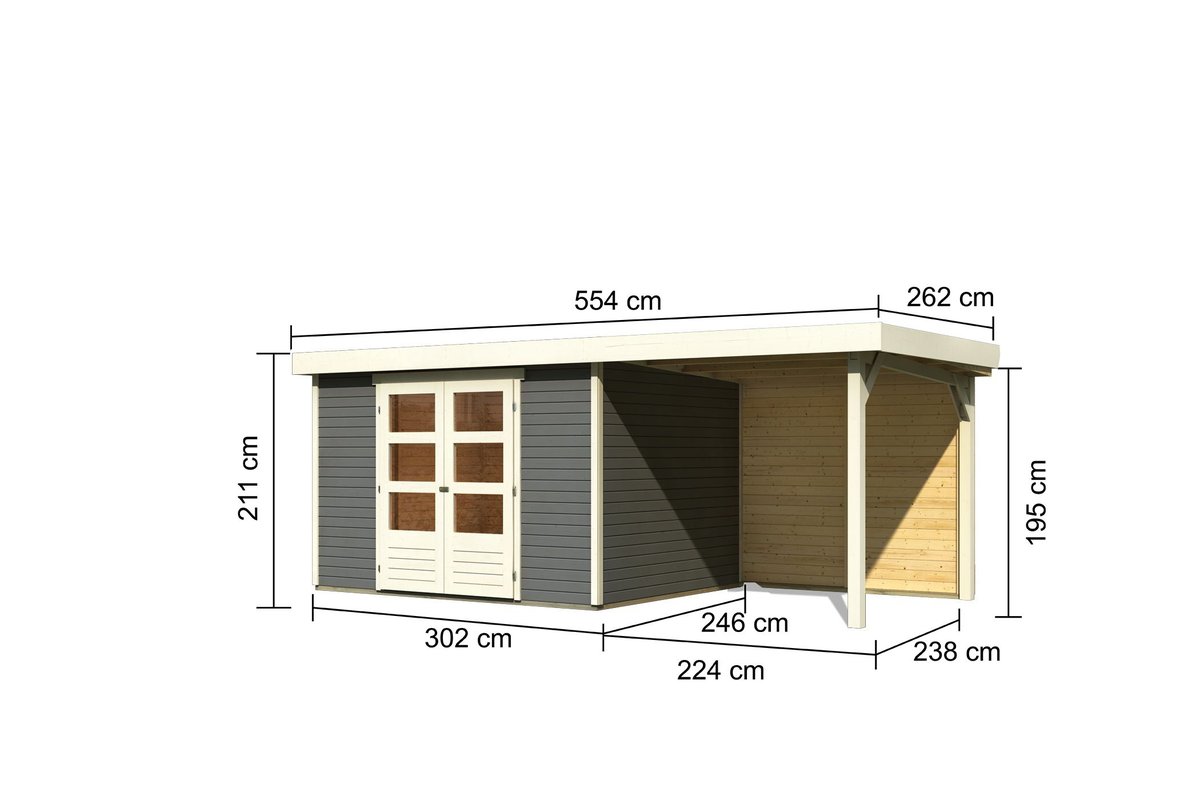 Gartenhaus Askola 5, 302 x 246 cm inkl Anbaudach 2,40 m mit Rückwand, 19 mm Holz terragrau, Karibu