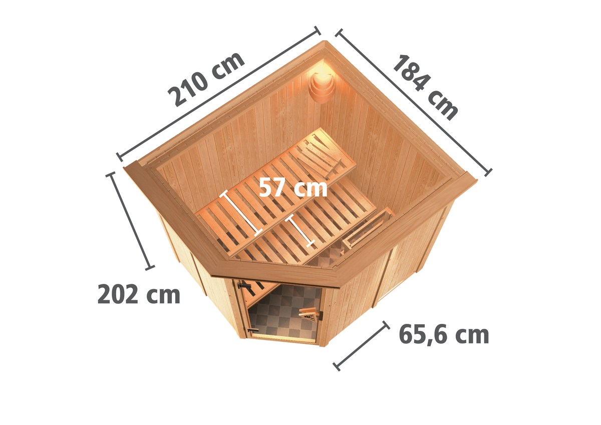 Energiesparsauna Lobin GREEN POWER - 196x170 cm, 68 mm Karibu Sauna mit Dachkranz | ohne Ofen