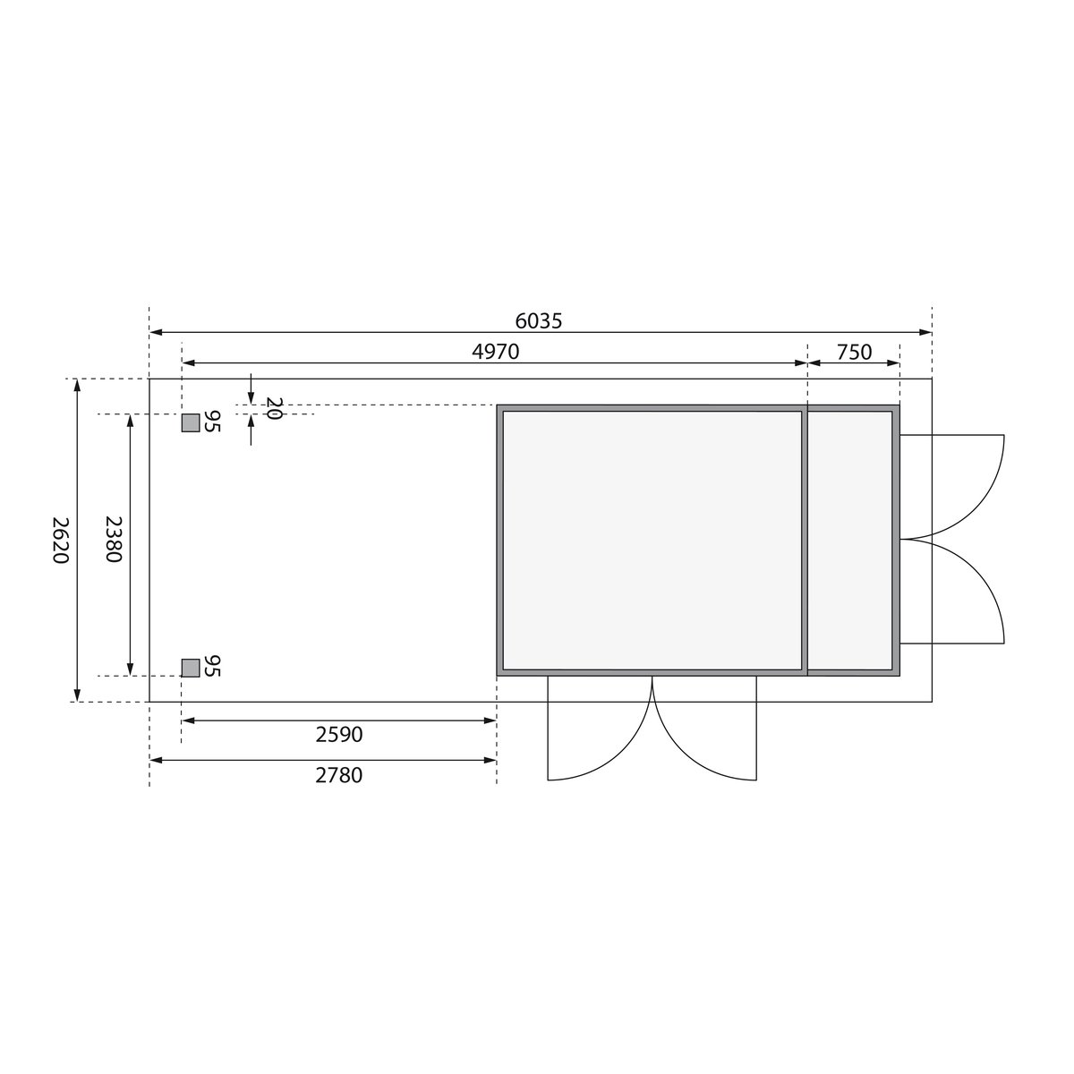 Gartenhaus Retola 4, 319x246 cm mit Anbauschrank und Anbaudach 2,80 m, 19 mm Holz terragrau