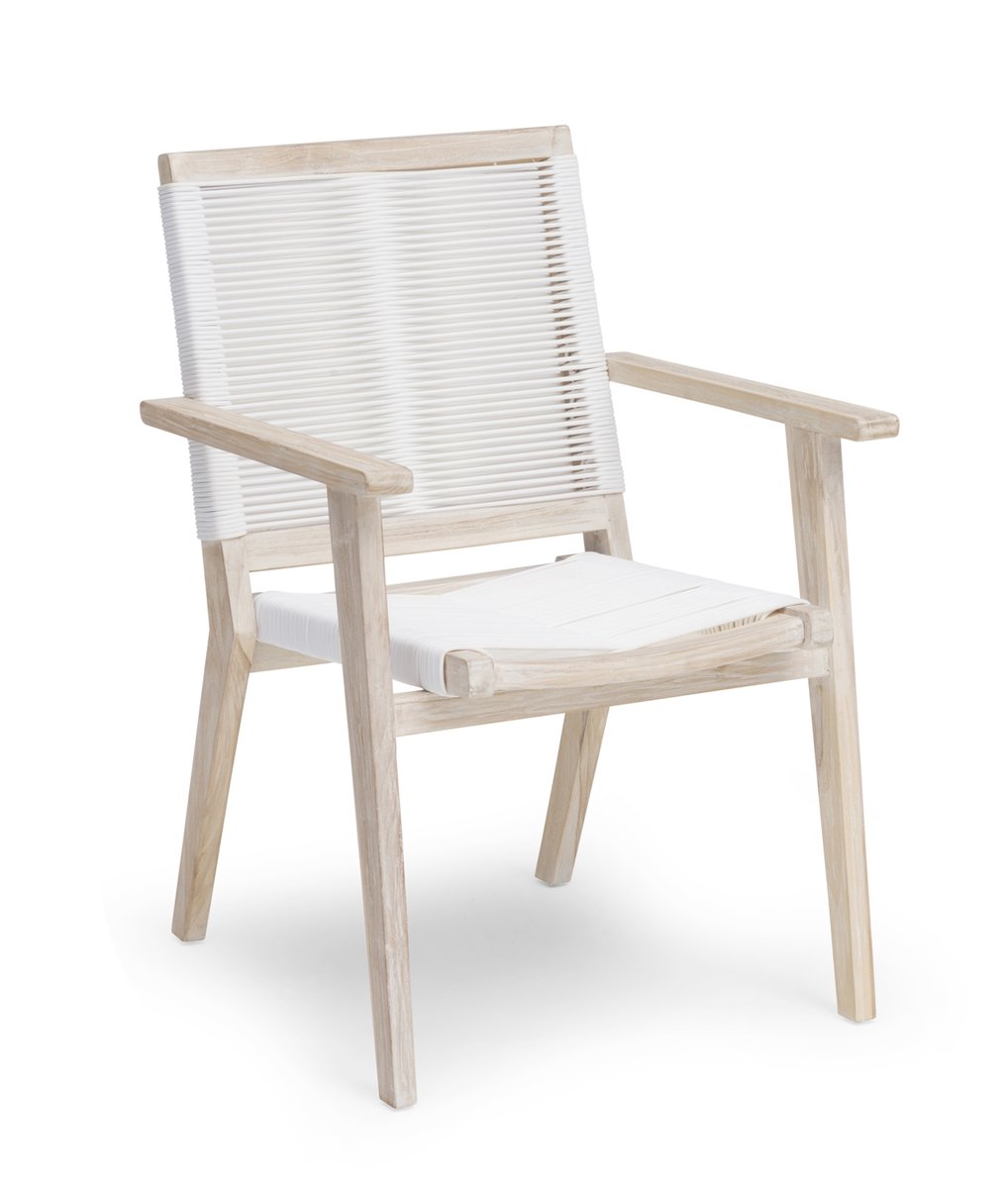 Wellington Dining-Sessel Teak whitewashed mit Spaghettigeflecht weiß