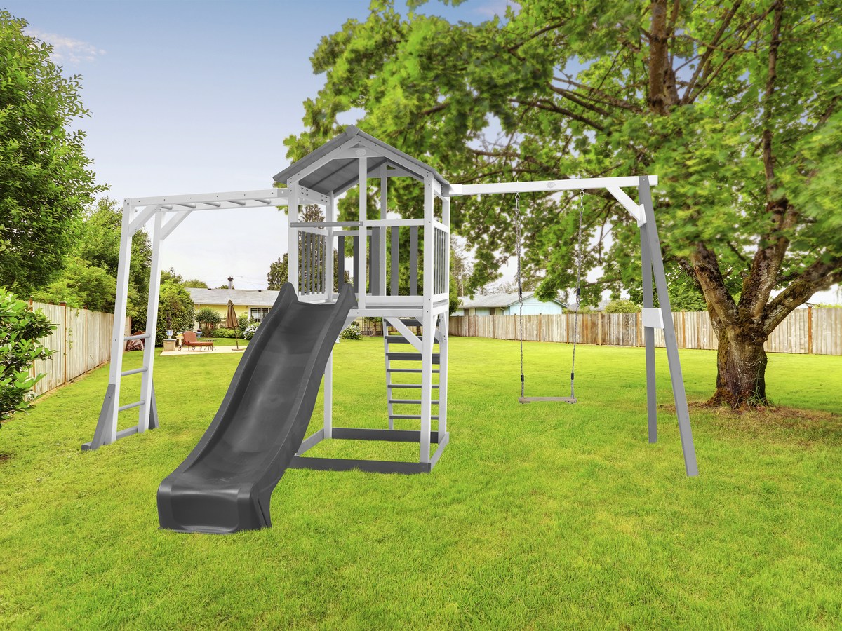 Spielturm Beach Tower Climbing & Swing grau/weiß mit Rutsche grau