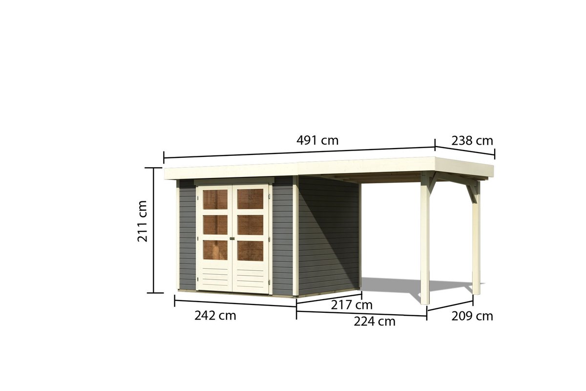 Gartenhaus Askola 3 - 242x217 cm, 19 mm Holz terragrau mit Anbaudach 2,40m, Karibu