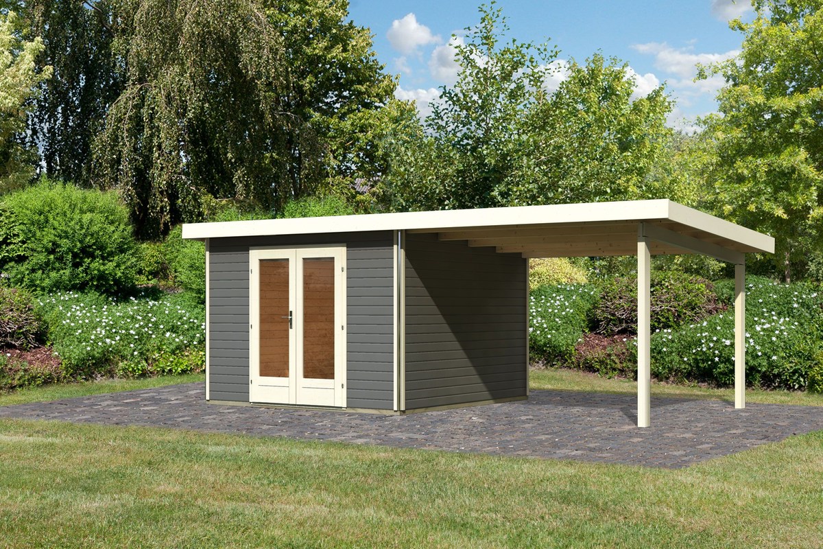 Gartenhaus Radeburg 1 - 309x309 cm plus Anbaudach 3,30m, 40 mm Holz terragrau, Karibu