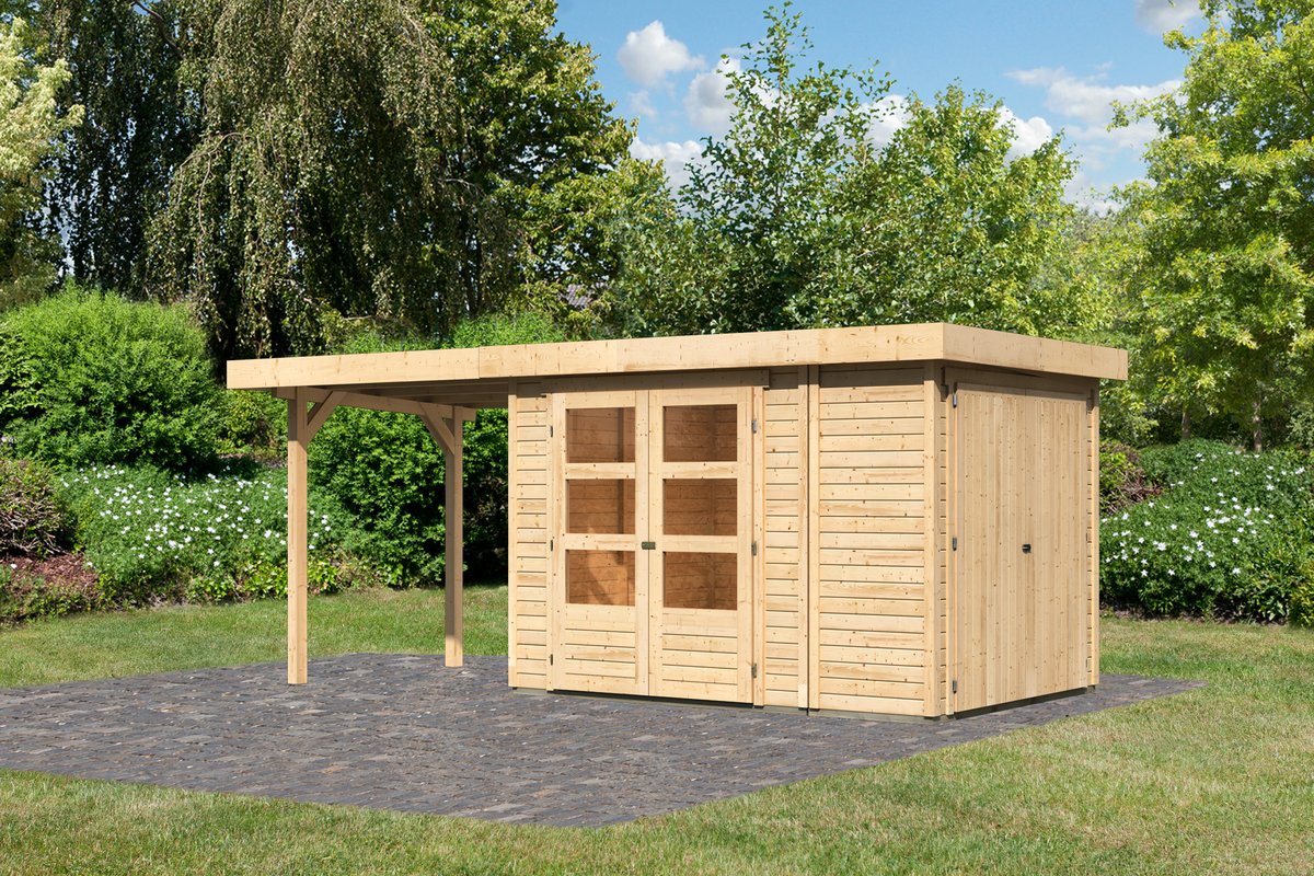 Gartenhaus Retola 2, 288x217 cm mit Anbauschrank und Anbaudach 2,40 m, 19 mm Holz naturbelassen,