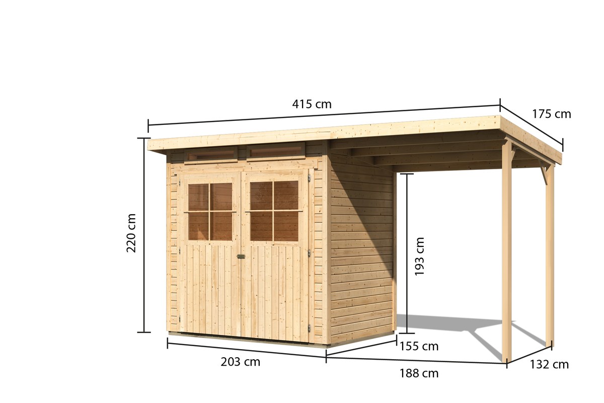 Gartenhaus Glücksburg 2 natur - 203x156 cm mit Anbaudach 190 cm, 19 mm Holz, Karibu