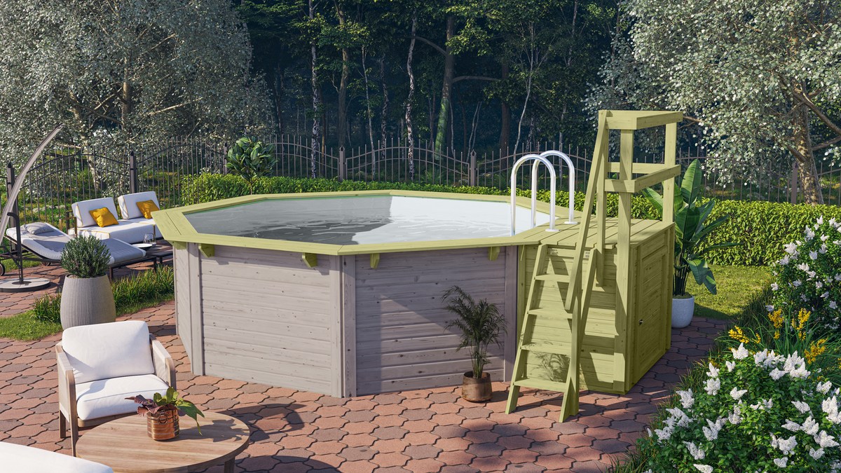 Achteck-Pool X1 400x400 cm mit Terrasse, Holz wassergrau/Folie grau, Karibu