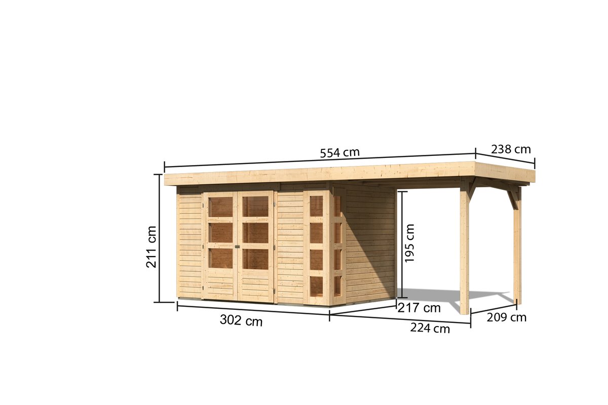 Gartenhaus Kerko 4 - 298 x 213 cm, inkl. Anbaudach 2,40m, 19 mm Holz naturbelassen, Karibu