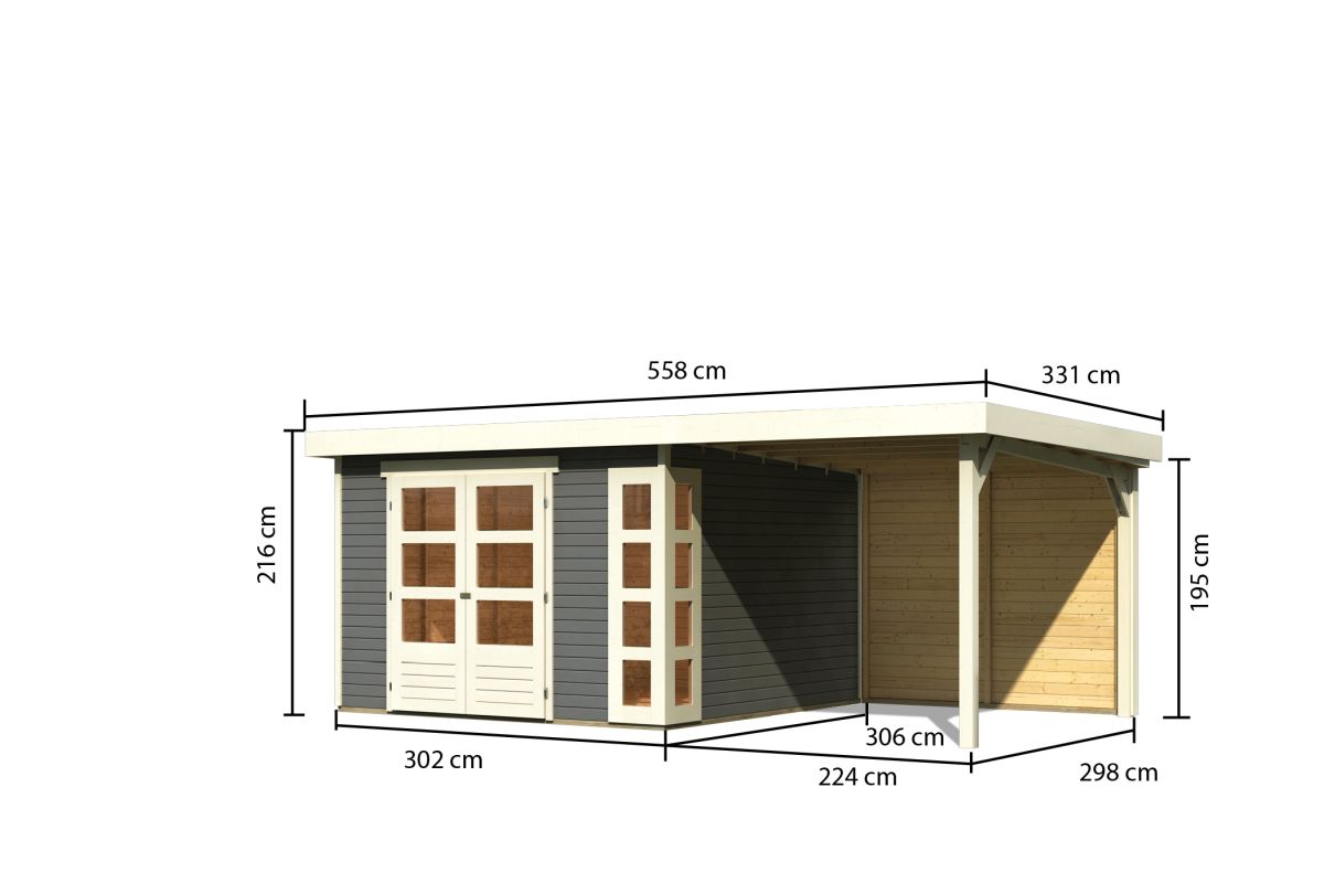 Gartenhaus Kerko 6 - 298x302 cm, inkl. Anbaudach 2,40m mit Rückwand, 19 mm terragrau, Karibu